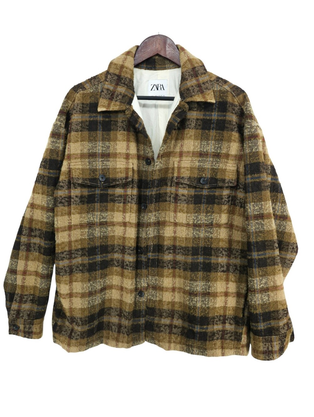 Zara Textured Plaid Wool Blend Fully Lined Jacket Brown Camel Black Size Large